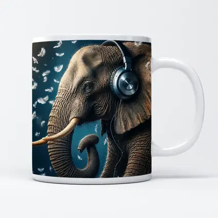 Elephant Wearing Headphones With Flying Feathers