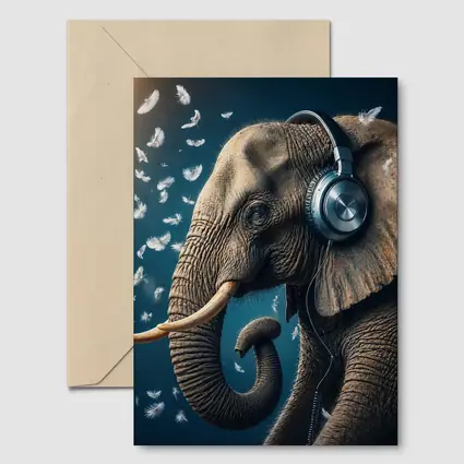Elephant Wearing Headphones With Flying Feathers