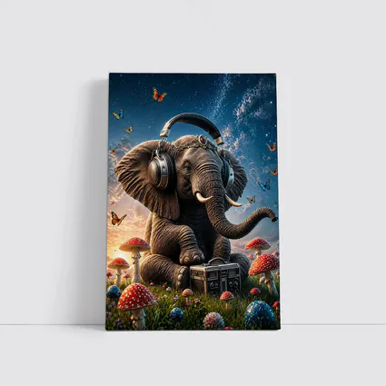 Elephant With Headphones Mushrooms Starry Sky