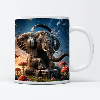 Elephant With Headphones Mushrooms Starry Sky