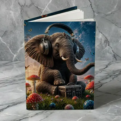 Elephant With Headphones Mushrooms Starry Sky