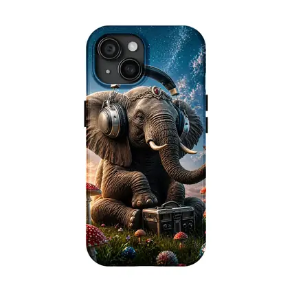 Elephant With Headphones Mushrooms Starry Sky