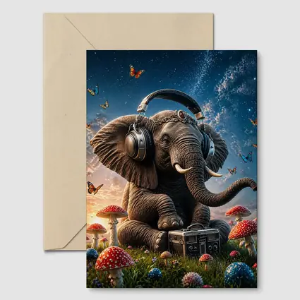 Elephant With Headphones Mushrooms Starry Sky