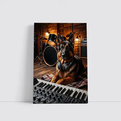 German Shepherd With Headphones in Music Studio
