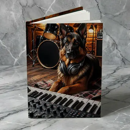 German Shepherd With Headphones in Music Studio