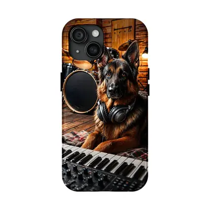 German Shepherd With Headphones in Music Studio