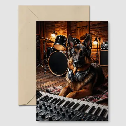 German Shepherd With Headphones in Music Studio