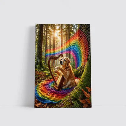 Golden Retriever Playing Harp In Forest
