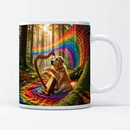 Golden Retriever Playing Harp In Forest
