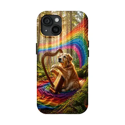 Golden Retriever Playing Harp In Forest