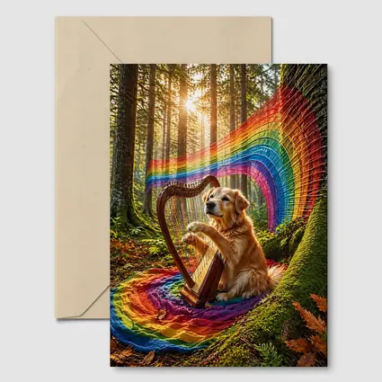 Golden Retriever Playing Harp In Forest