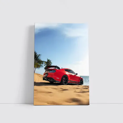 Red Ford Mustang GT500 on Sandy Beach
