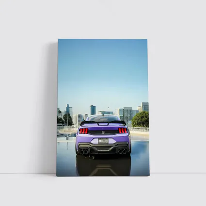 Purple Ford Mustang Rear City Skyline