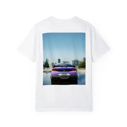 Purple Ford Mustang Rear City Skyline