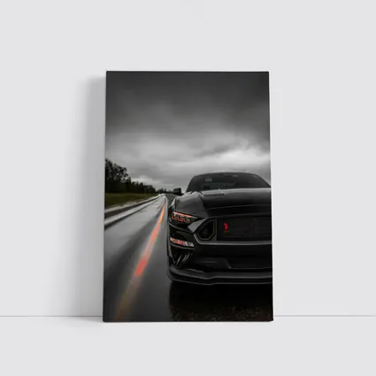 Black Ford Mustang Stormy Wet Road