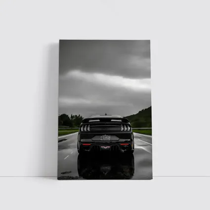 Black Ford Mustang GT Rainy Road