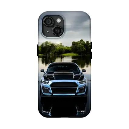 Ford Mustang Black Front Lake Reflection
