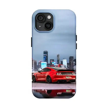 Ford Mustang Red Sports Car City Skyline
