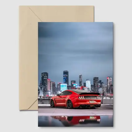 Ford Mustang Red Sports Car City Skyline
