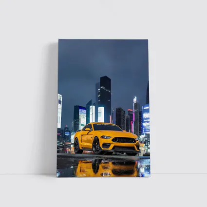 Ford Mustang Yellow Night City Skyline