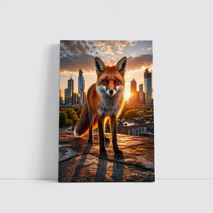 Red Fox Standing on Urban Rooftop Sunset