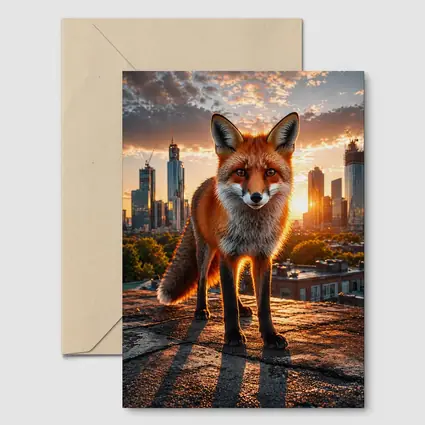 Red Fox Standing on Urban Rooftop Sunset