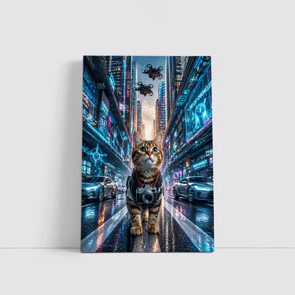 Tabby Cat Photographer Cyberpunk Neon City