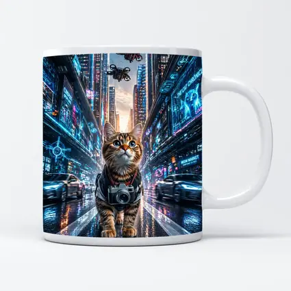 Tabby Cat Photographer Cyberpunk Neon City