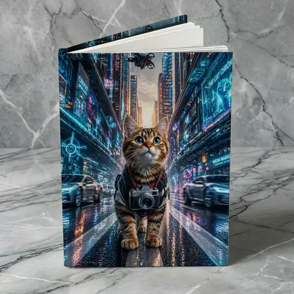 Tabby Cat Photographer Cyberpunk Neon City