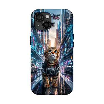 Tabby Cat Photographer Cyberpunk Neon City
