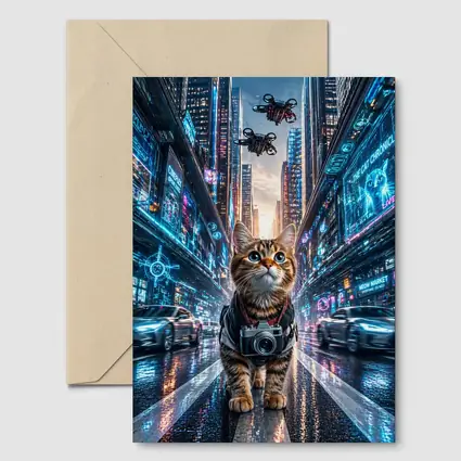 Tabby Cat Photographer Cyberpunk Neon City