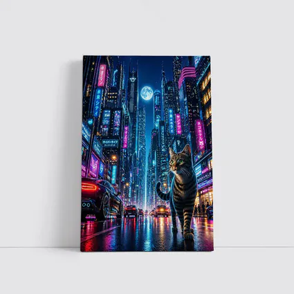 Tabby Cat Neon Cyberpunk City Night
