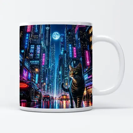 Tabby Cat Neon Cyberpunk City Night