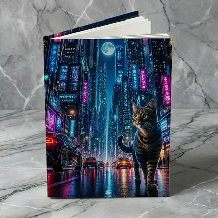 Tabby Cat Neon Cyberpunk City Night