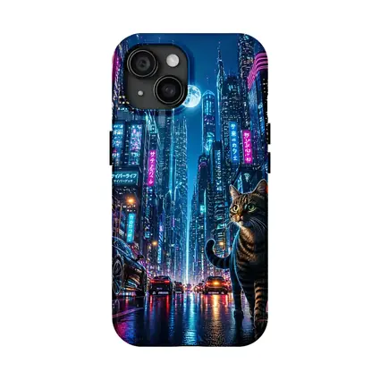 Tabby Cat Neon Cyberpunk City Night