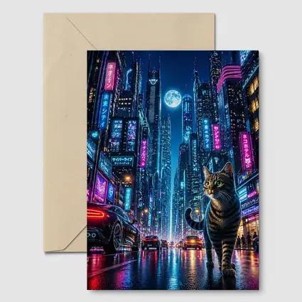 Tabby Cat Neon Cyberpunk City Night