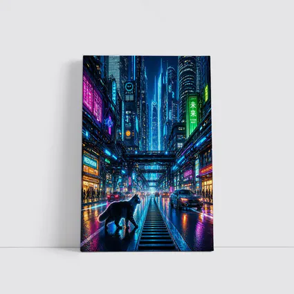 Black Cat Neon Cyberpunk City Street