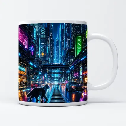 Black Cat Neon Cyberpunk City Street