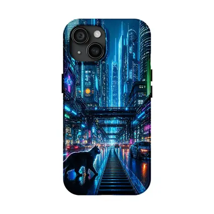 Black Cat Neon Cyberpunk City Street