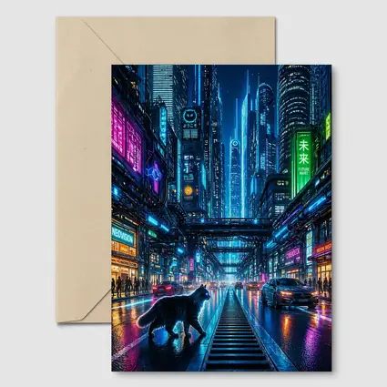 Black Cat Neon Cyberpunk City Street