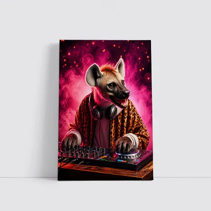 Hyena DJ Mixing Decks Pink Neon Background