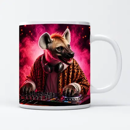 Hyena DJ Mixing Decks Pink Neon Background