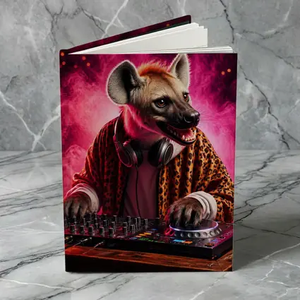 Hyena DJ Mixing Decks Pink Neon Background