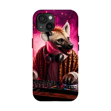 Hyena DJ Mixing Decks Pink Neon Background