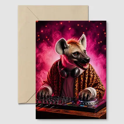 Hyena DJ Mixing Decks Pink Neon Background