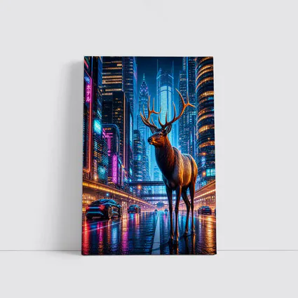 Elk Stag Standing in Neon Cyberpunk City