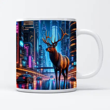 Elk Stag Standing in Neon Cyberpunk City