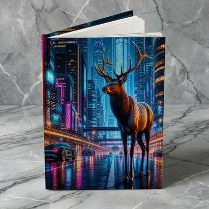 Elk Stag Standing in Neon Cyberpunk City