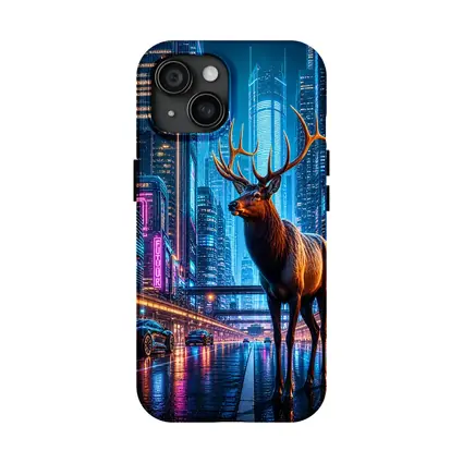 Elk Stag Standing in Neon Cyberpunk City