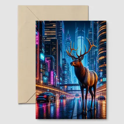 Elk Stag Standing in Neon Cyberpunk City